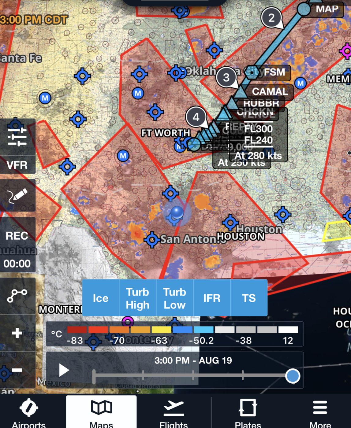Flight-planning app on a tablet showing a plotted route between airports