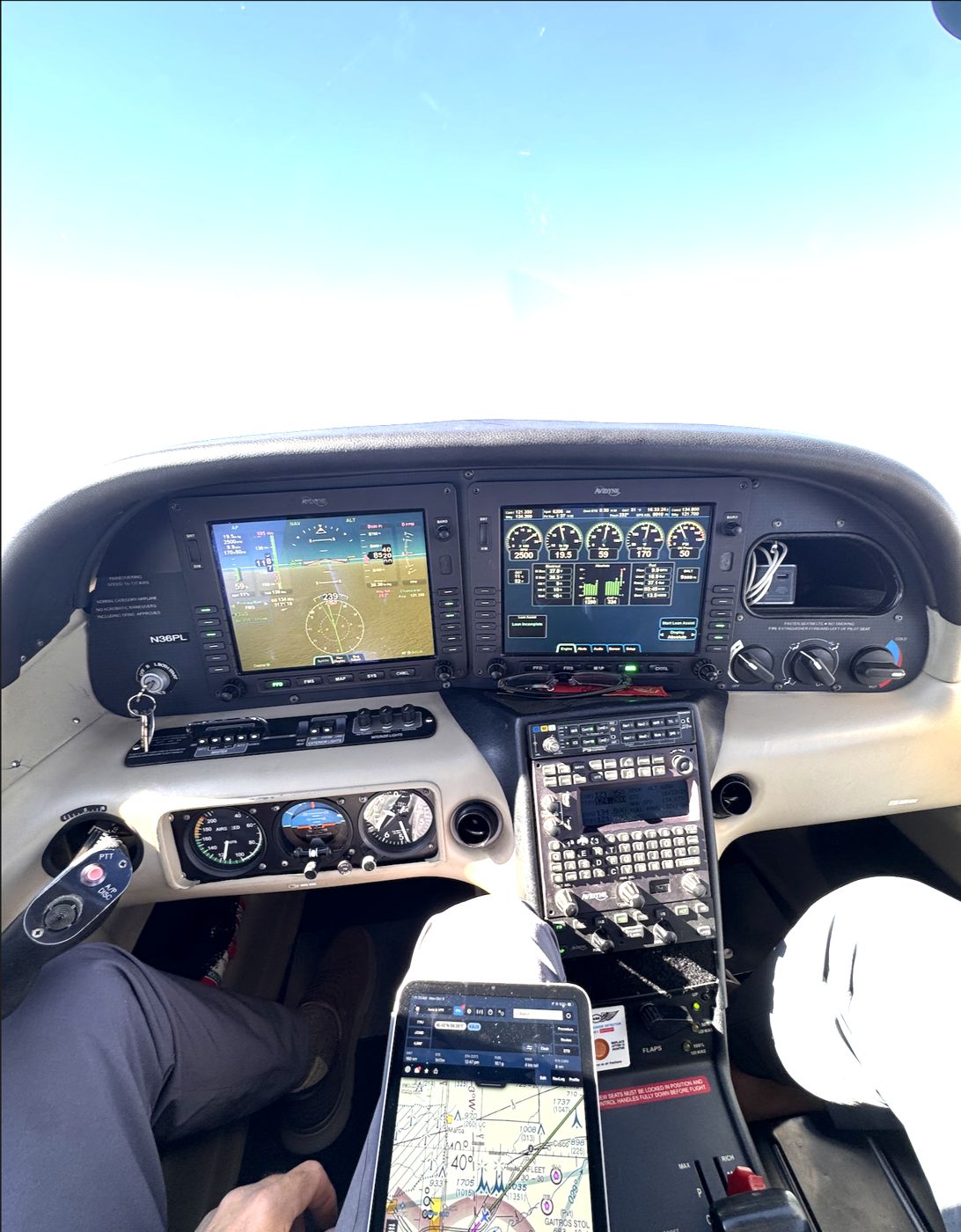 Modern cockpit panel with a phone mounted for navigation