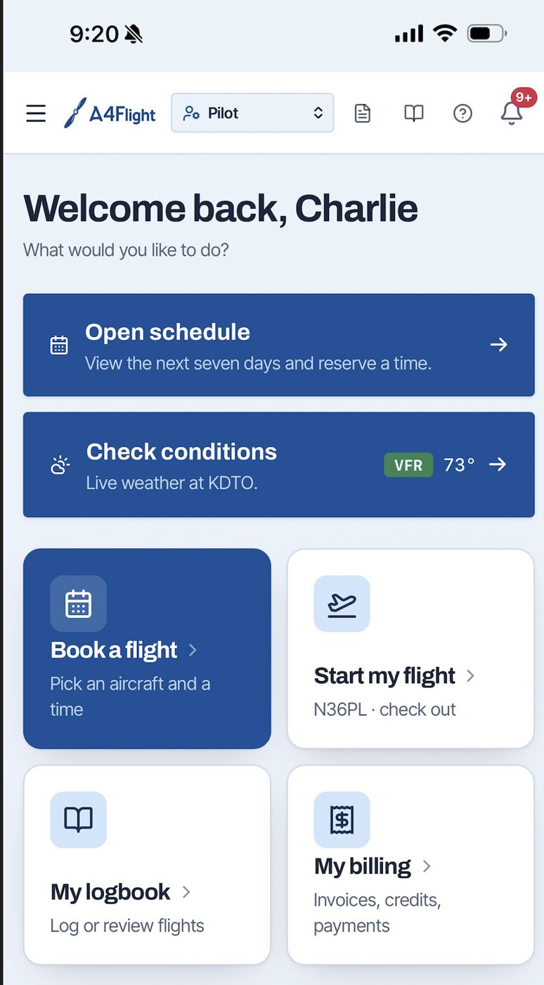 A4Flight member portal home screen showing a personalized welcome dashboard
